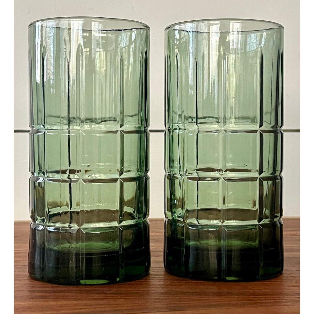 Flat Iced Tea Tartan Dark Green (Olive) Glass Tumbler Anchor Hocking Set of 2